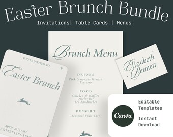Easter Brunch Invitation Template: Modern Menu & Table Cards (Canva Editable, Digital Download)
