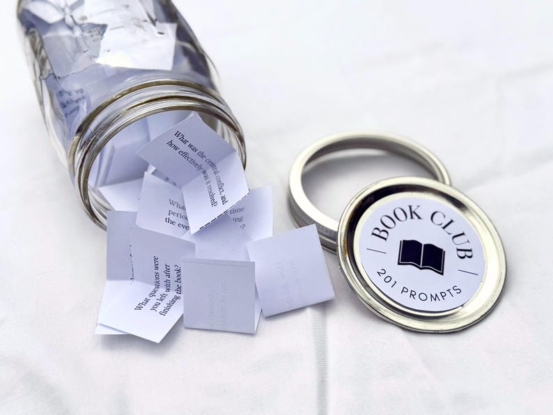 Printable Book Club Conversation Starter Mason Jar. Pull card discussion questions for book lovers. 201 bookish small prompts you can pull out. Librarian core 32 oz glass jar with white label. Custom book club name with Book decoration.