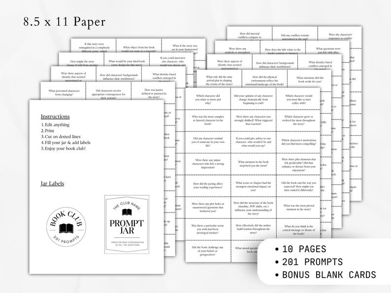 Printable Book Club Conversation Starter Mason Jar. Pull card discussion questions for book lovers. 201 bookish small prompts you can pull out. Librarian core 32 oz glass jar with white label. Custom book club name with Book decoration.