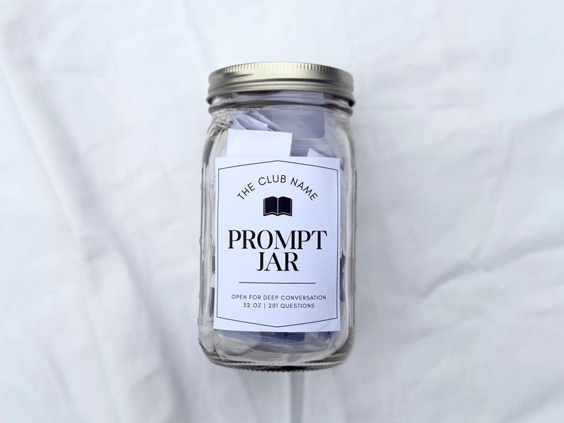 Printable Book Club Conversation Starter Mason Jar. Pull card discussion questions for book lovers. 201 bookish small prompts you can pull out. Librarian core 32 oz glass jar with white label. Custom book club name with Book decoration.