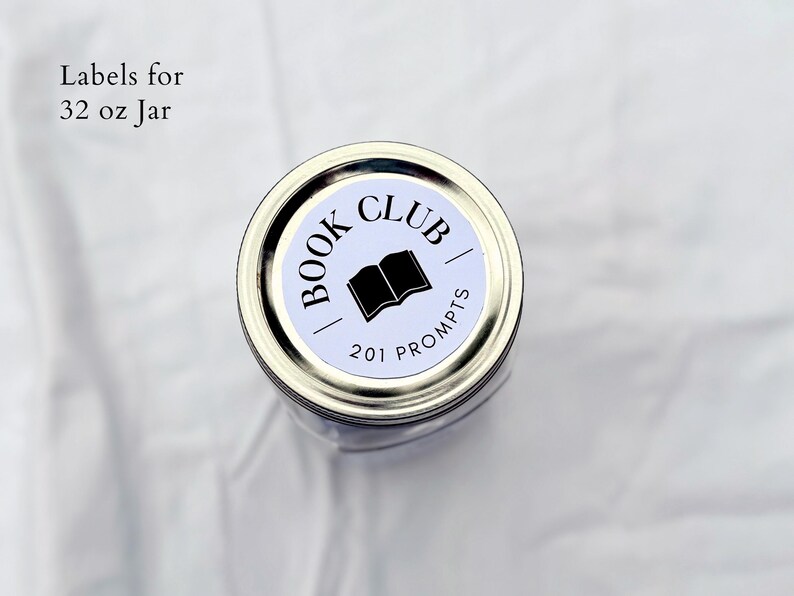 Printable Book Club Conversation Starter Mason Jar. Pull card discussion questions for book lovers. 201 bookish small prompts you can pull out. Librarian core 32 oz glass jar with white label. Custom book club name with Book decoration.