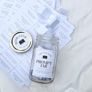 Printable Book Club Conversation Starter Mason Jar. Pull card discussion questions for book lovers. 201 bookish small prompts you can pull out. Librarian core 32 oz glass jar with white label. Custom book club name with Book decoration.