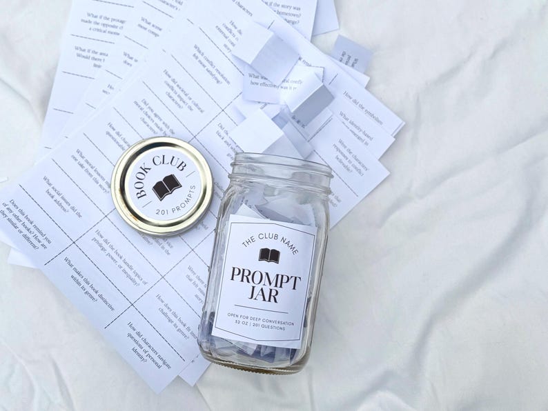 Printable Book Club Conversation Starter Mason Jar. Pull card discussion questions for book lovers. 201 bookish small prompts you can pull out. Librarian core 32 oz glass jar with white label. Custom book club name with Book decoration.