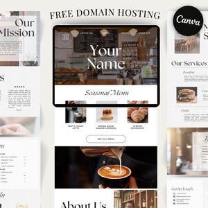May include: A website mockup for a coffee shop with a brown and white colour scheme. The website features a menu, about us section, and contact information. The website also includes a photo of a coffee being poured into a cup.