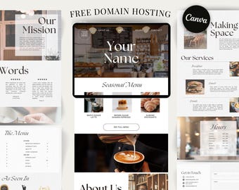 May include: A website mockup for a coffee shop with a brown and white color scheme. The website features a menu, about us section, and contact information. The website also includes a photo of a coffee being poured into a cup.