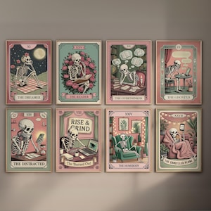 Soul Deck Wall Art Set von 8, Skeleton Tarot-inspirierte Kunstdrucke, Gothic Gallery Wall Bundle, Tarot Archetyp Poster Set