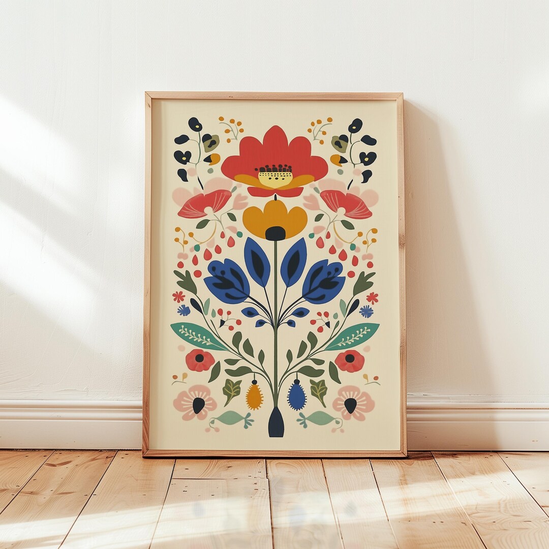 Nordic Folk Art Floral Print | Cottagecore Wall Decor | Scandinavian ...