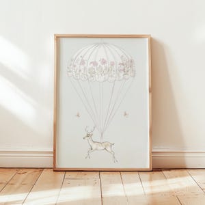 Impresión de ciervos para guardería, arte de pared vintage con paracaídas, póster de animales del bosque, decoración infantil en tonos pastel, impresión mate sin marco