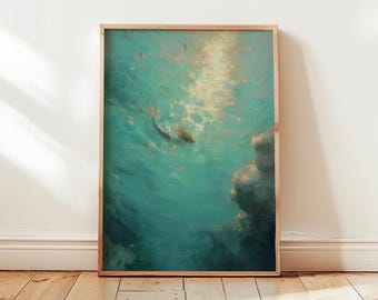 Impressionist Mermaid Print - Whimsical Watercolor Ocean Wall Art (Giclée Print) - Fantasy Mermaid Painting for Beach House Decor - Swimming