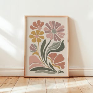 Retro Boho Folk Floral Art Print, Cottagecore Botanical Poster, Vintage-Inspired Flower Wall Decor, Warm Whimsical Unframed Artwork