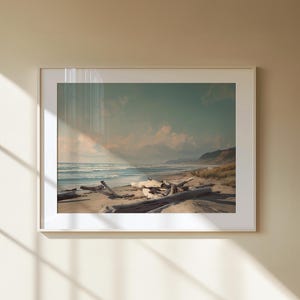 Küstenlandschaft Wandkunst, Treibholz-Stranddruck, Serene Ocean Horizon Poster, Ungerahmtes minimalistisches Naturdekor für entspannte Räume