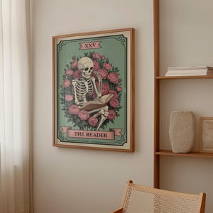 Leser Skeleton Wandkunst, Buch-Liebhaber-Geschenk, Soul Deck Tarot Druck, literarisches Skelett Poster, launisches Lesewinkel-Dekor