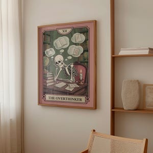 The Over Thinker Skeleton Wandkunst, lustiges Angstdekor, Soul Deck Tarot-Druck, Geschenk für psychische Gesundheit, schwarzer Humor Poster, introvertierte Kunst