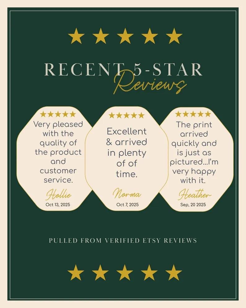Może przedstawiać: Ciemnozielona grafika z nagł&oacute;wkiem RECENT 5-STAR Reviews zawierająca trzy beżowe ośmiokątne pola tekstowe. Każde pole zawiera ocenę pięciu gwiazdek, opinię klienta, imię i datę. Dolny tekst brzmi PULLED FROM VERIFIED ETSY REVIEWS.