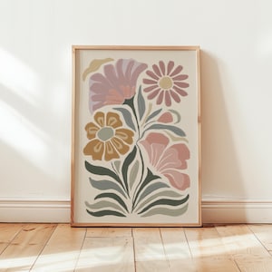 Boho Folk Art Floral Print, Vintage-Inspired Botanical Wall Decor, Modern Cottagecore Flowers Poster, Neutral Flower Art, Unframed Print