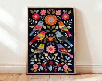 Impressão artística colorida de pássaros folclóricos - Pôster floral escandinavo para decoração de casa - Impressão de parede tradicional nórdica com pássaros - Arte de galeria lúdica