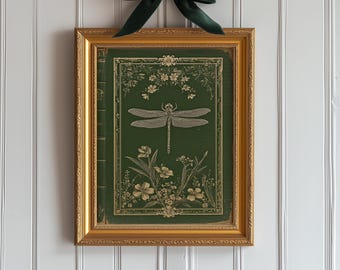 Wiktoriański druk giclée z ważką ~ Wystrój gabinetu Dark Academia ~ Szmaragdowozielona sztuka gotycka ~ Druk z ważką Whimsigoth ~ Plakat botaniczny