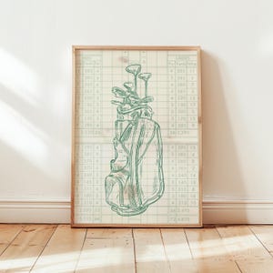 oeuvre d'art murale de sac de golf vintage, impression de carte de pointage rétro, décoration de golf pour papa, cadeau de fête des pères pour golfeur, art mural amateur de golf