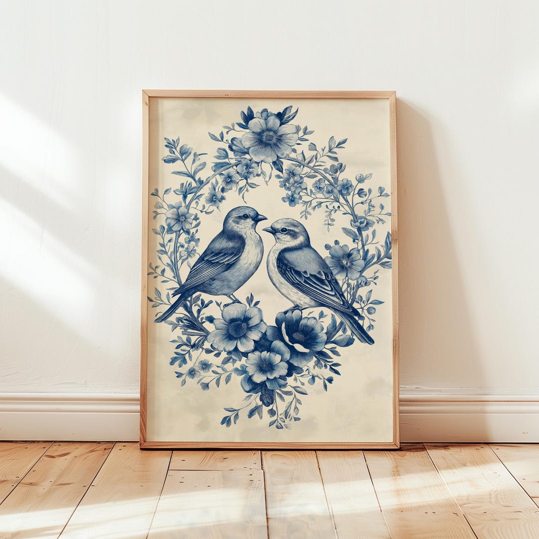 Vintage Blue Bird Floral Art Print ~ Cottagecore Wall Art ~ Botanical ...