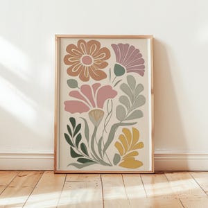 Retro Folk Floral Wall Art, Boho Botanical Print, Colorful Cottagecore Flower Poster, Modern Vintage-Inspired Art, Unframed Matte Print
