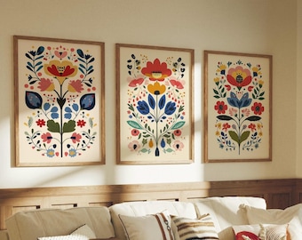 Scandinavian Folk Art Poppy Print Set of 3 ~ Colorful Triptych Wall Art ~ Boho, Hygge & Nursery Decor ~ Unframed Giclée Prints ~ Woodland