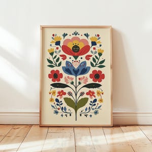 Scandinavian Floral Art Print: Vintage Folk Style, Unframed