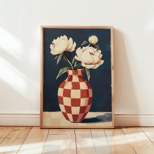 Lámina artística de jarrón a cuadros, arte mural de peonías rosas, póster floral rojo y azul, impresión floral contemporánea, papel mate, envío gratuito