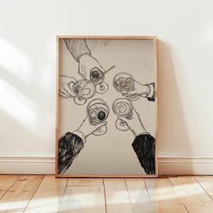 Impresión de boceto de cóctel "Cheers", ilustración de bebida vintage, arte mural de bar, dibujo de alcohol en blanco y negro, póster decorativo sin marco