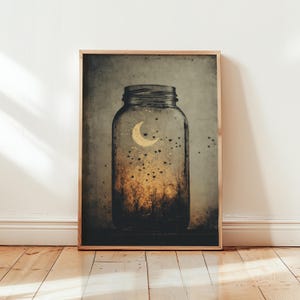 Mond im Einmachglas Kunst Poster, Surrealer Nachthimmel Wandkunst, ungerahmt Premium Matt Druck, rustikales, wunderliches Dekor, Halbmond