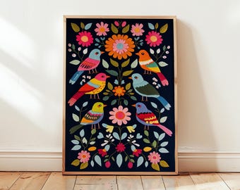 Colorful Folk Bird Art Print - Scandinavian Floral Poster for Home Decoration - Traditional Nordic Bird Wall Print - Whimsical Gallery Art