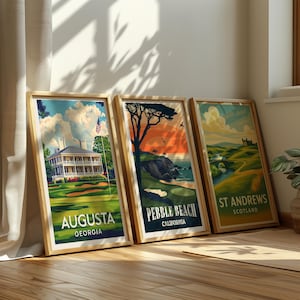 Campi da golf famosi - Set di 3 stampe (Augusta, Pebble Beach, St Andrews), Decorazione murale vintage a tema golf, Regalo per papà, Decorazione per la caverna del golf