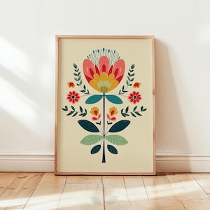 Folk Art Floral Poster, Colorful Scandinavian Wall Art, Retro Botanical Print, Boho Flower Artwork, Matte Paper, Free Shipping