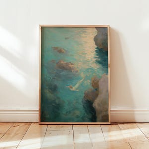 Küsten Meerjungfrau Kunstdruck | Gelassene Schwimmfigur in Pastellfarben