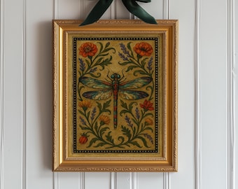 Grafika ścienna z ważką | Ludowy, botaniczny druk giclée | Wystrój domu w stylu vintage z motywem natury | Grafika artystyczna Whimsigoth | Dekoracja pokoju w akademiku