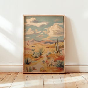 Südwestliche Wüstenlandschaft Poster | Pastell Neutral Kaktus Ocotillo | Agave Yucca | Texas Reise Retro Vintage Wandkunst | Natur Poster
