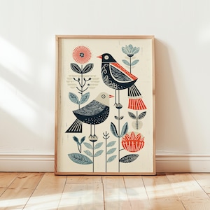Póster de pájaro de arte popular, impresión de arte mural escandinavo, decoración floral retro de naturaleza, sin marco, mate, para guardería o decoración del hogar.
