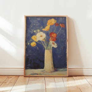 Impresión de jarrón de amapolas, póster floral de naturaleza muerta, arte de cocina azul y amarillo, decoración de pared con flores pictóricas, póster mate premium sin marco