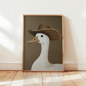 Impresión artística de pato vaquero y ganso tonto, póster divertido de animales de granja, arte de pared de pato occidental, decoración rústica de baño campestre, ganso con sombrero