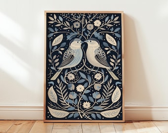 Folk Art Blue Bird Poster ~ Botanical Unframed Matte Print ~ Cottagecore & Boho Home Decor ~ Bird Lover Gift ~ Home Gallery Wall Art
