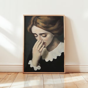 Lámina artística de baño gótico divertido, póster de chica triste con la nariz tapada, decoración de humor negro de inspiración vintage, impresión mate sin marco.