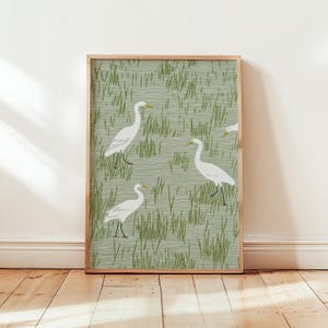 Impresión de garceta, póster minimalista de aves de pantano blancas, decoración costera y botánica verde, ilustración de aves acuáticas, envío gratuito