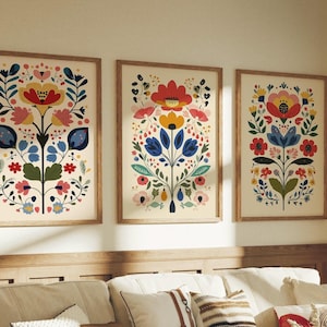 Juego de 3 láminas de amapolas de arte popular escandinavo ~ Tríptico colorido para pared ~ Decoración bohemia, hygge y para habitaciones infantiles ~ Láminas giclée sin marco ~ Bosque