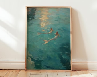 Mermaid Sisters Wall Art Print ~ Coastal Mermaid Decor for Bedroom or Nursery ~  Ocean Fantasy Giclee Print ~ Beach House Wall Decor
