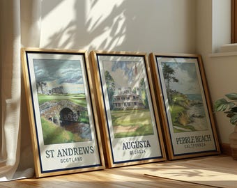 Berühmte Golfplatz-Wandbilder, 3er-Set - (Augusta, Pebble Beach & St Andrews) - Vintage-Golfposter-Sets für die Männerhöhle oder als Golfgeburtstagsgeschenk,