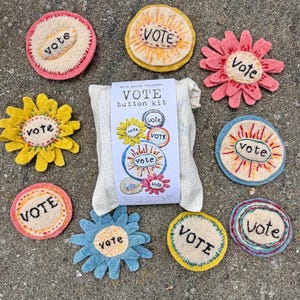 DIY VOTE button kit – FUNDRAISER! for WhenWeAllVote.org: stitch 3 vote buttons with plant-dyed wool felt