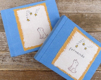 photo album covered in plant-dyed organic cotton/hemp fabric: blue with hand-embroidered stargazing dog, plain or personalized by kata golda