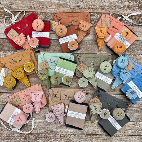 plant-dyed knitter's pocket with matching notions: complete set (tape measure, scissor slips, notions tin, and notebook)
