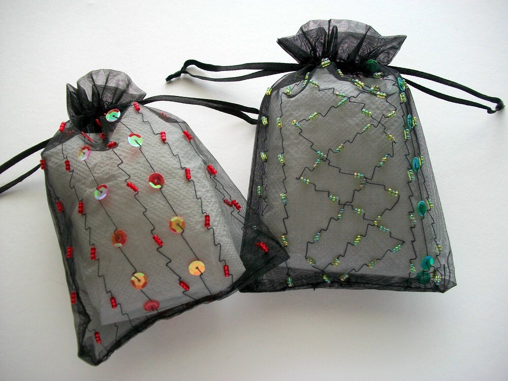 Organza Drawstring Bag Handbeaded Gift Bags Black Sheer Etsy