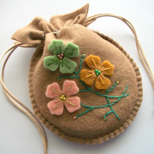 Brown Gift Bag Felt Jewelry Pouch with Felt Hand Embroidered Flowers Handsewn