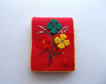 Needle Book Red Felt Needle Keeper with Hand Embroidered Felt Flowers Heart Button and Yellow Crochet Edge Handsewn